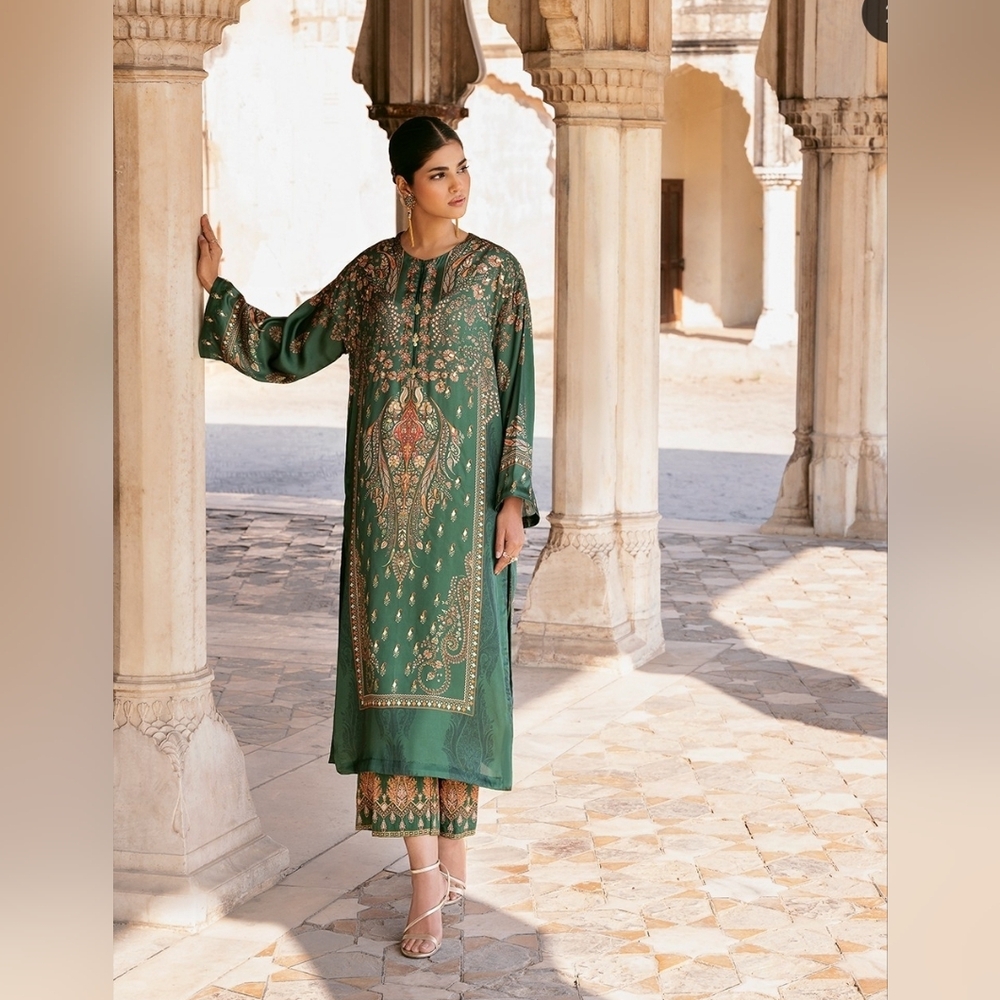 NEW Sapphire 2Pc Silk Moghul Emerald Kurta Wide Leg Pants M or L